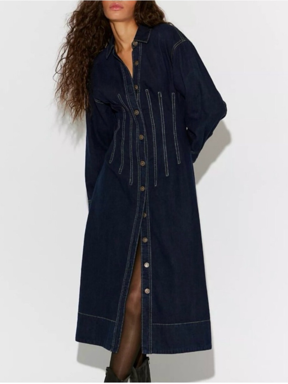 Free People Dark Indigo Button-Front Denim Midi Dress